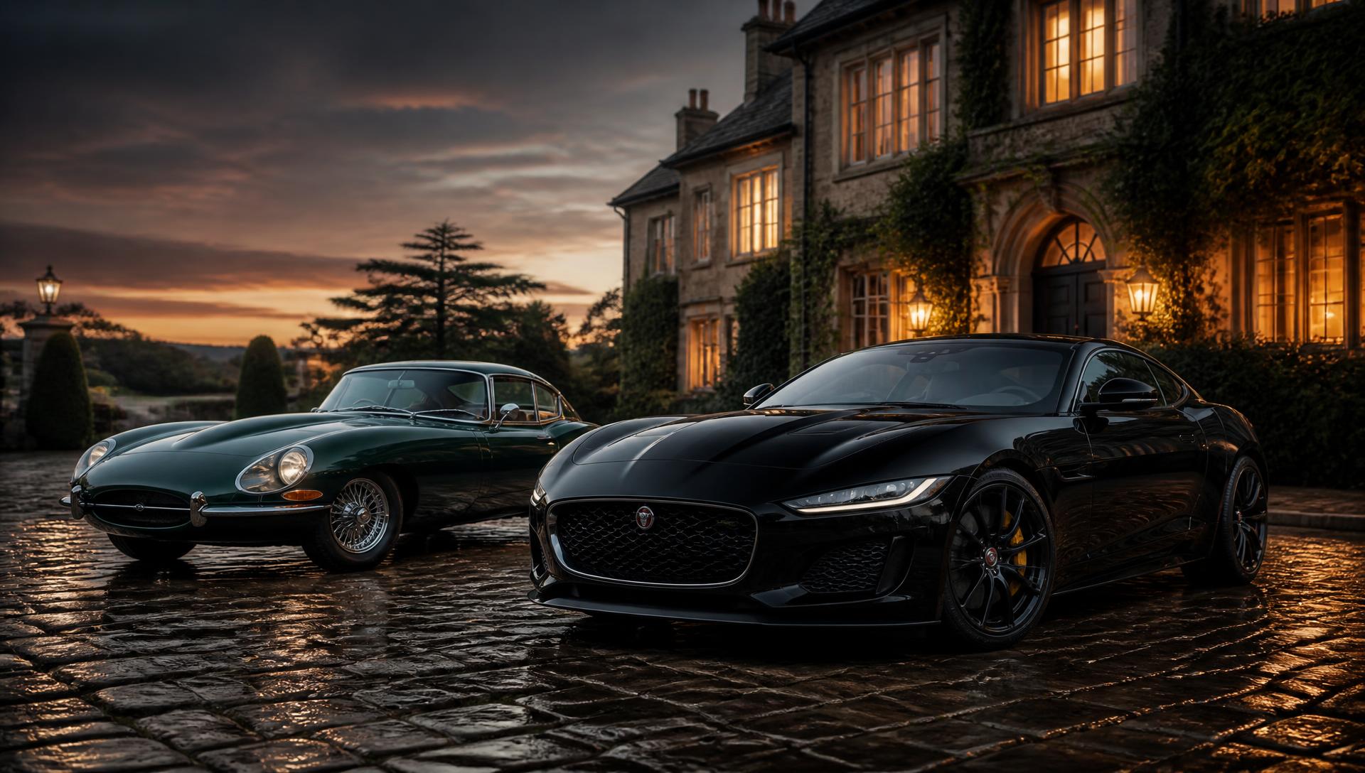 Jaguar E-Type classica e Jaguar F-Type moderna davanti a una dimora britannica al tramonto